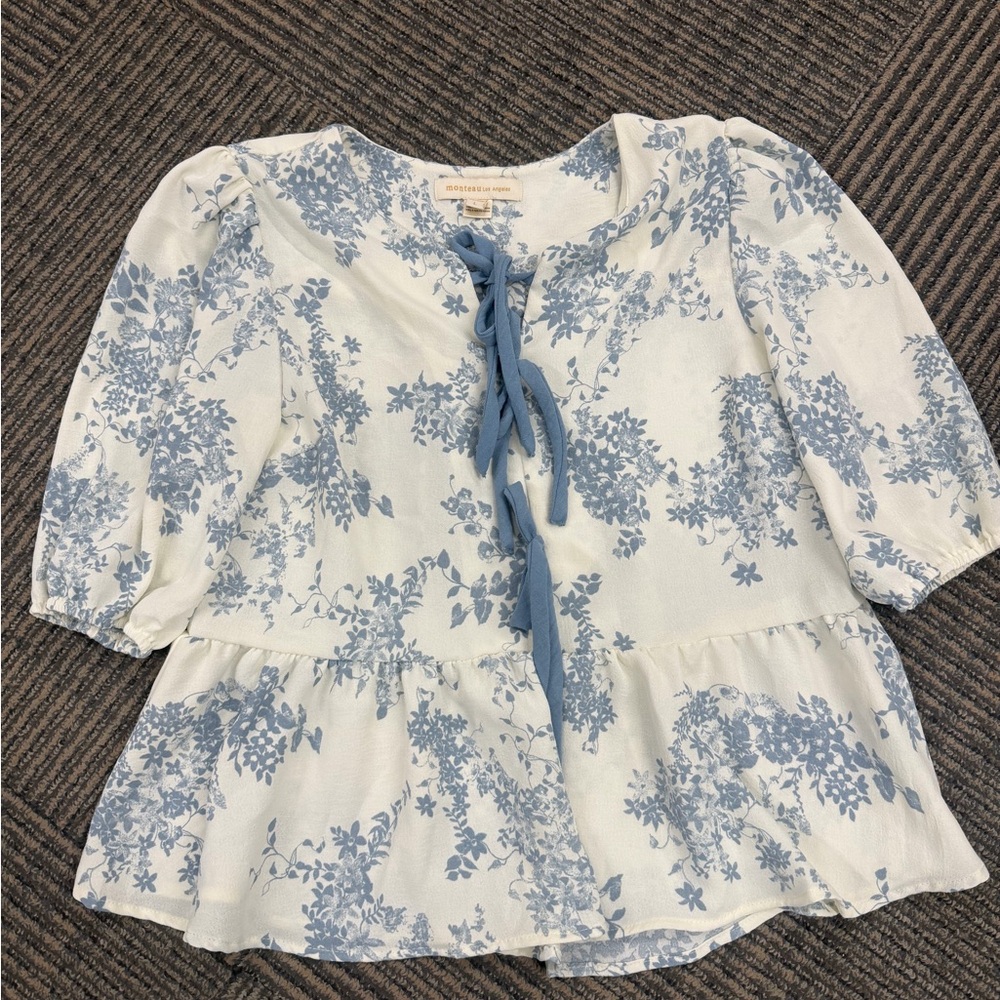 EUC Monteau Los Angeles Blue Floral Bow Blouse Sz L